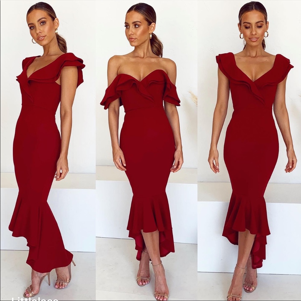 Red Ruffle Hi-Low Midi Bodycon Dress, XS
